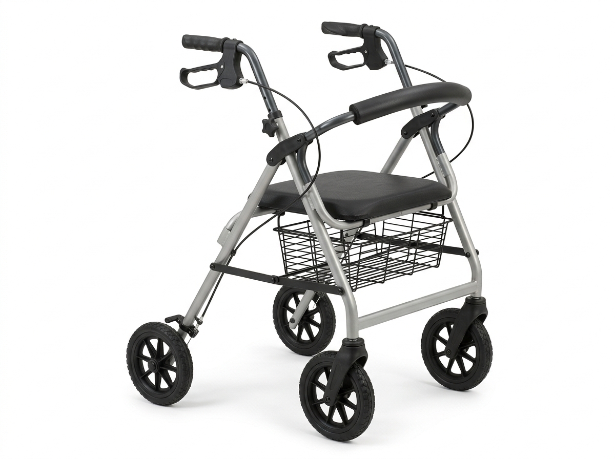 Four wheel rollator with a seat and hand brakes